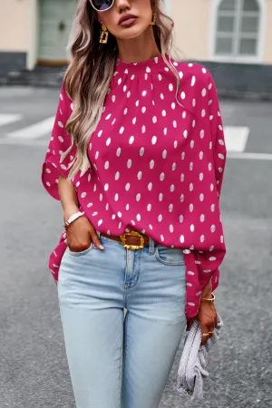 Women’s Batwing Sleeve Blouse Tops Mock Neck Polka Dot Blouses Casual Tie Back Drape Shirts