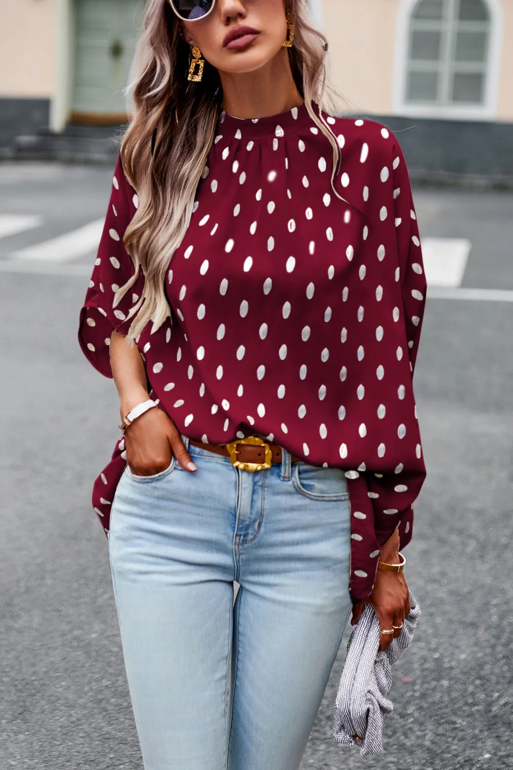 Women’s Batwing Sleeve Blouse Tops Mock Neck Polka Dot Blouses Casual Tie Back Drape Shirts