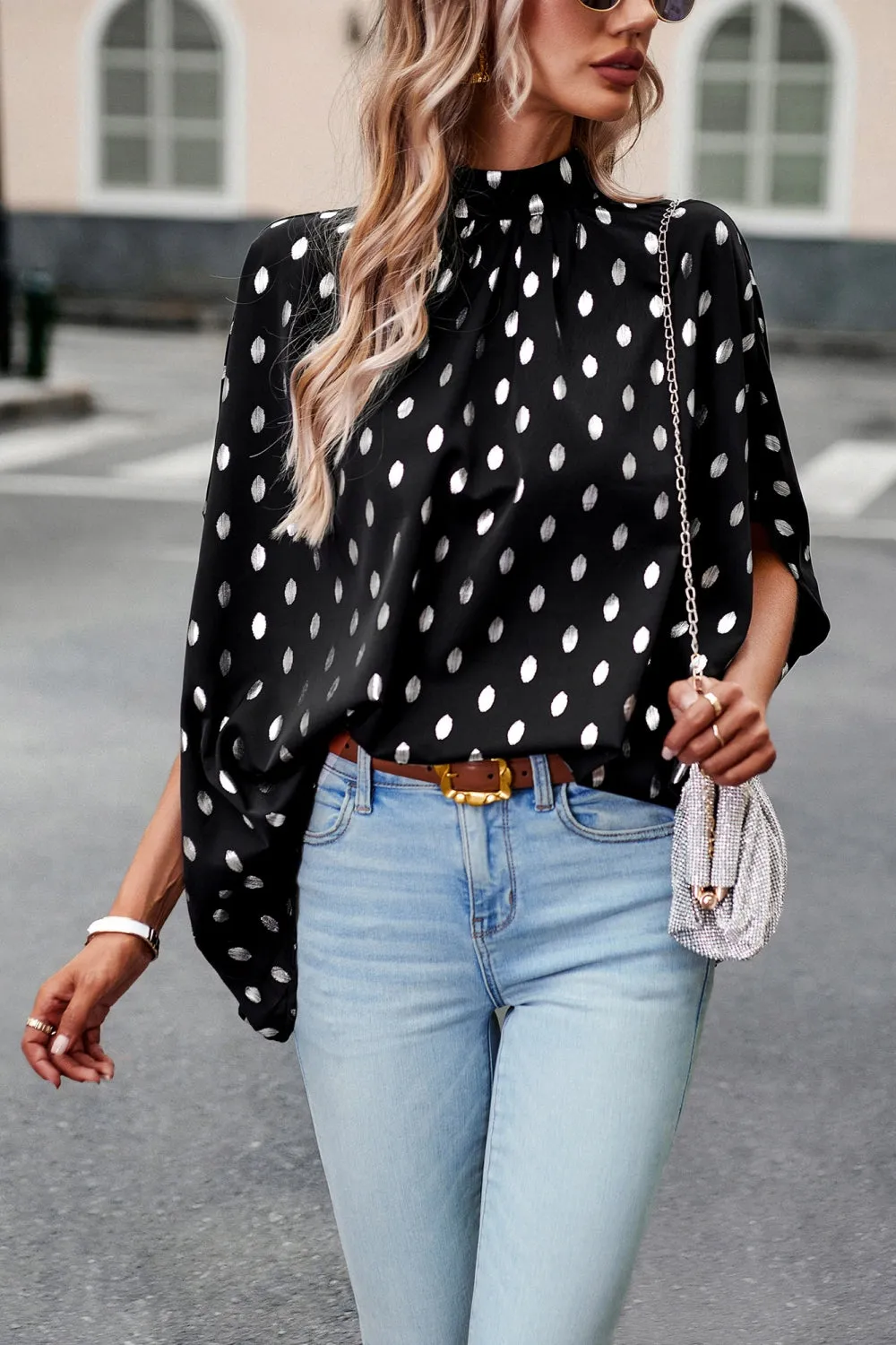 Women’s Batwing Sleeve Blouse Tops Mock Neck Polka Dot Blouses Casual Tie Back Drape Shirts