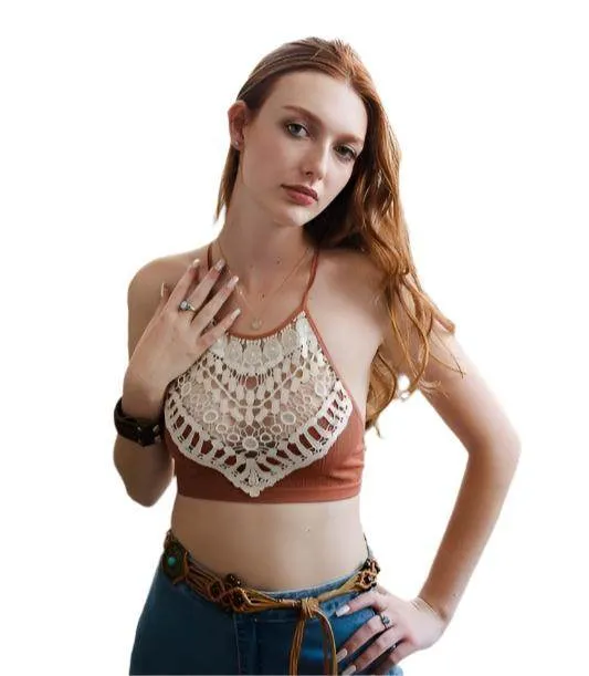 Womens Crochet Lace High Neck Bralette Top