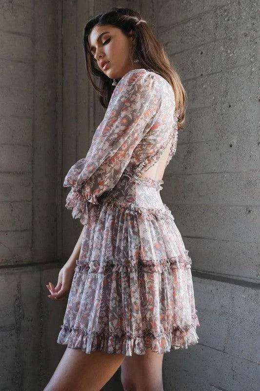 Womens Deep V Neck Ruffle Dress