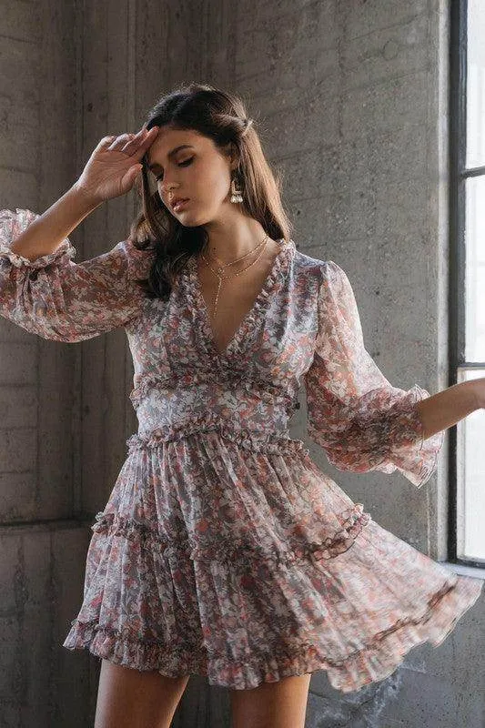 Womens Deep V Neck Ruffle Dress