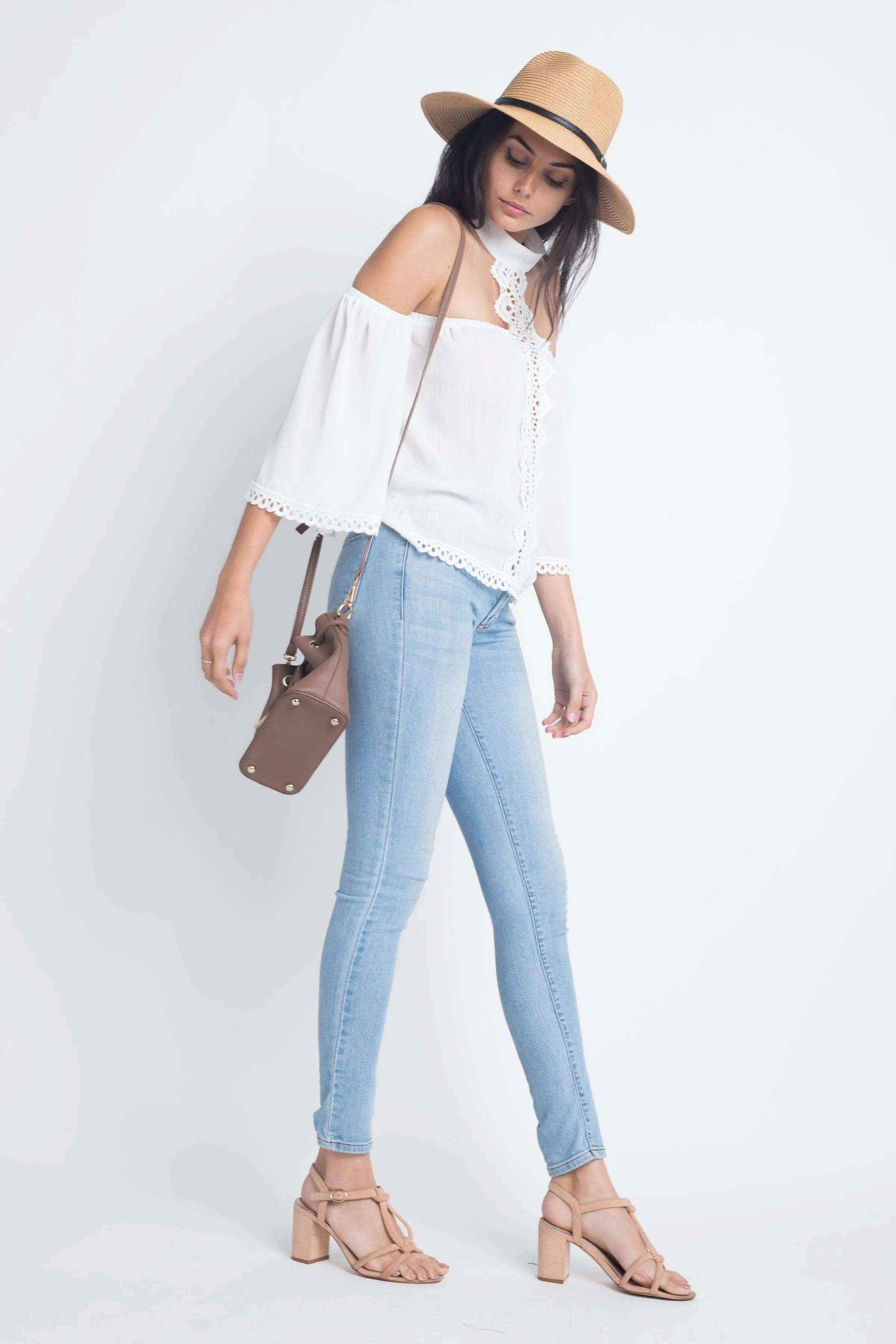 Womens High Neck Long Sleeve Crochet Top