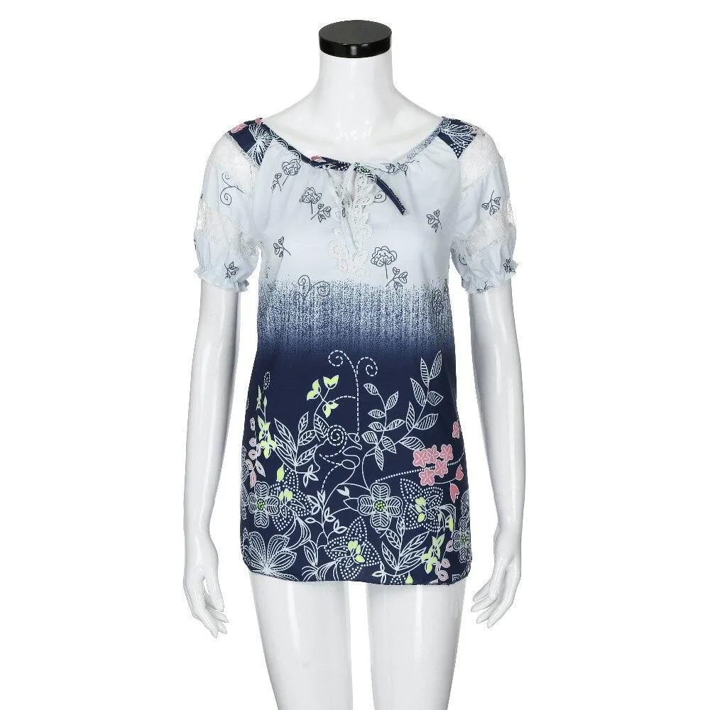 Womens Lace Blouses Summer Short Sleeve Tops Loose Shirt