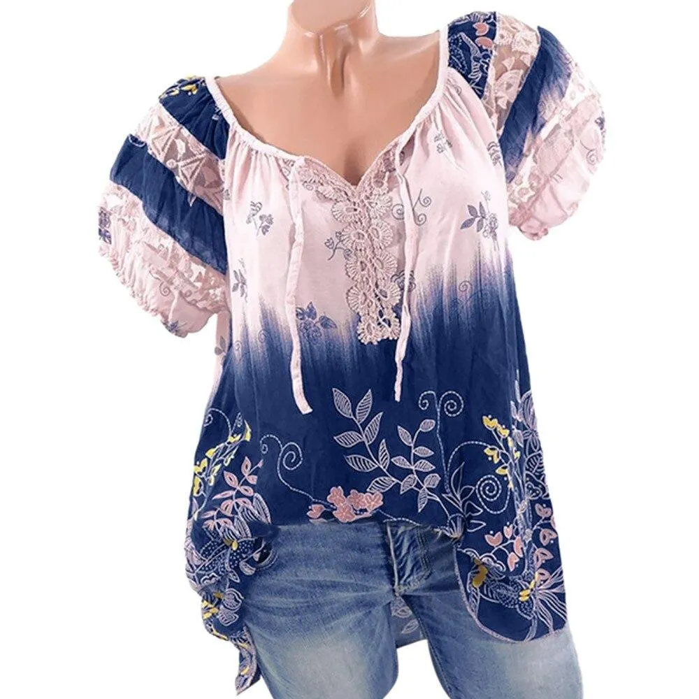 Womens Lace Blouses Summer Short Sleeve Tops Loose Shirt