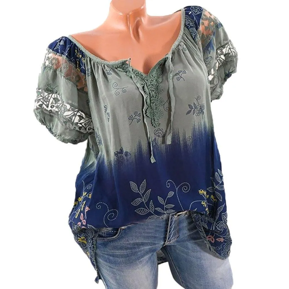 Womens Lace Blouses Summer Short Sleeve Tops Loose Shirt