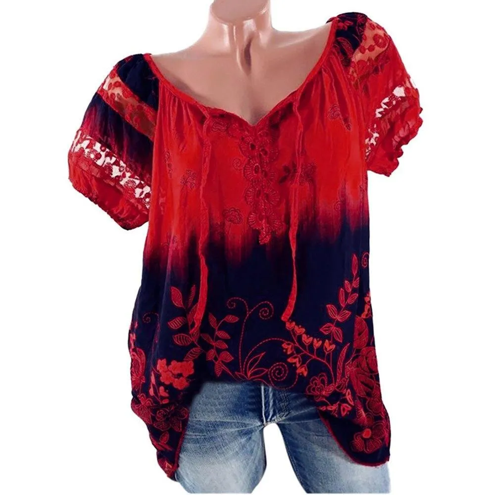 Womens Lace Blouses Summer Short Sleeve Tops Loose Shirt