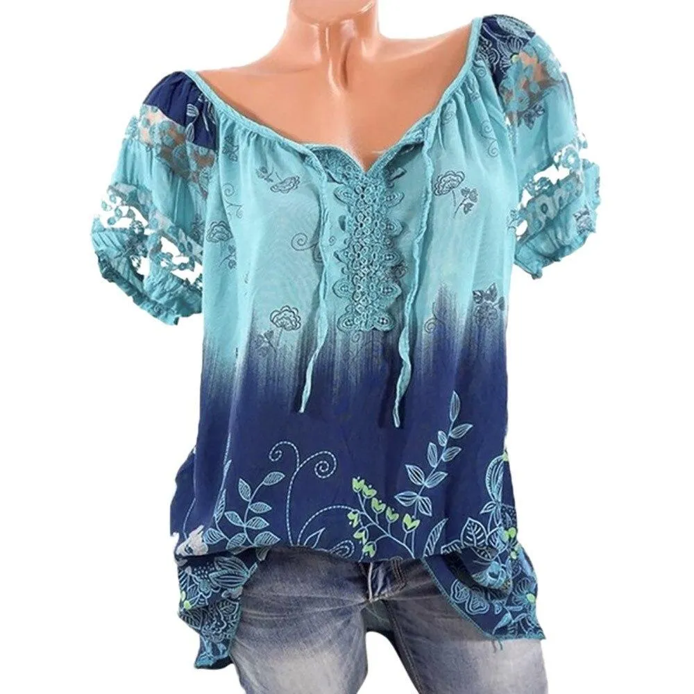 Womens Lace Blouses Summer Short Sleeve Tops Loose Shirt
