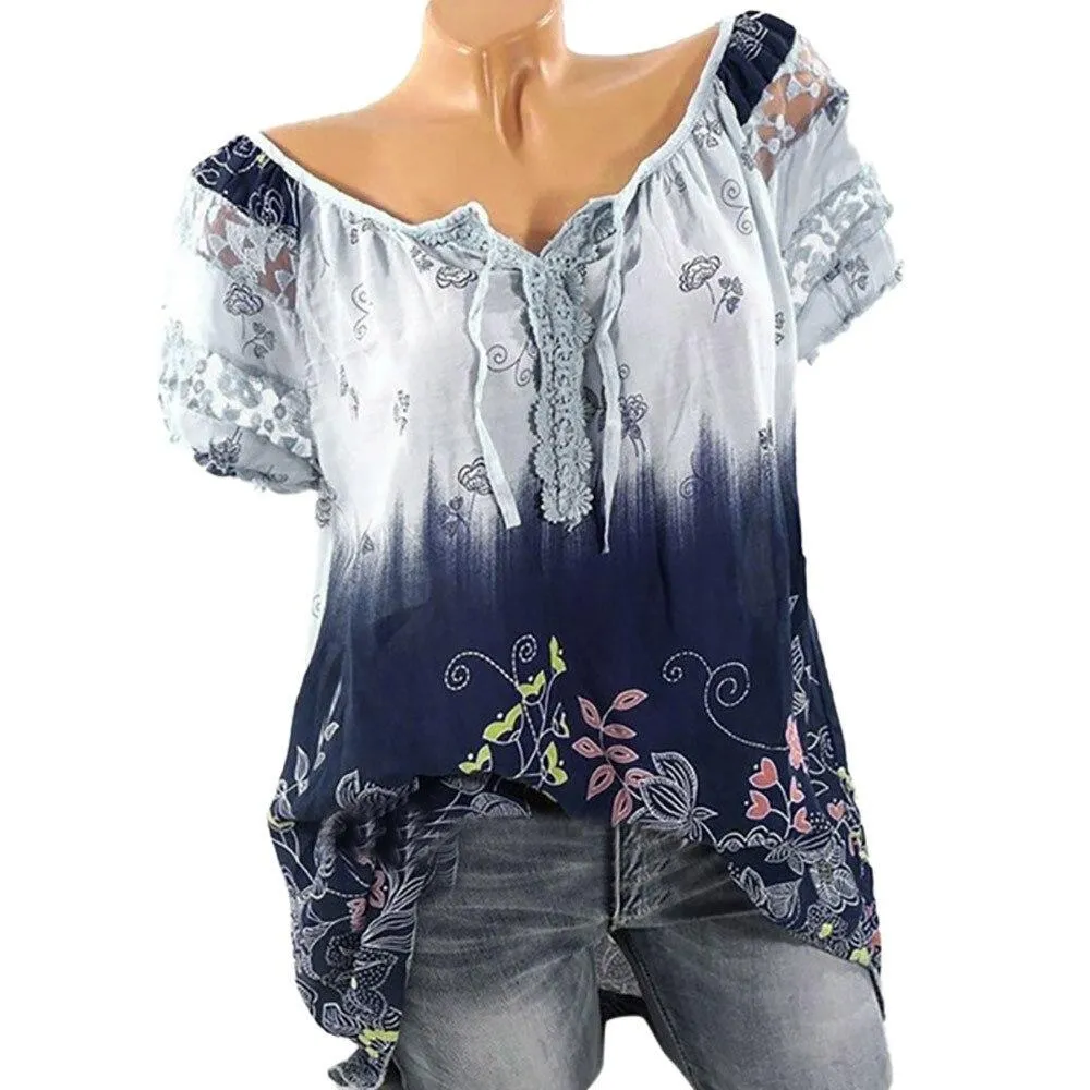 Womens Lace Blouses Summer Short Sleeve Tops Loose Shirt