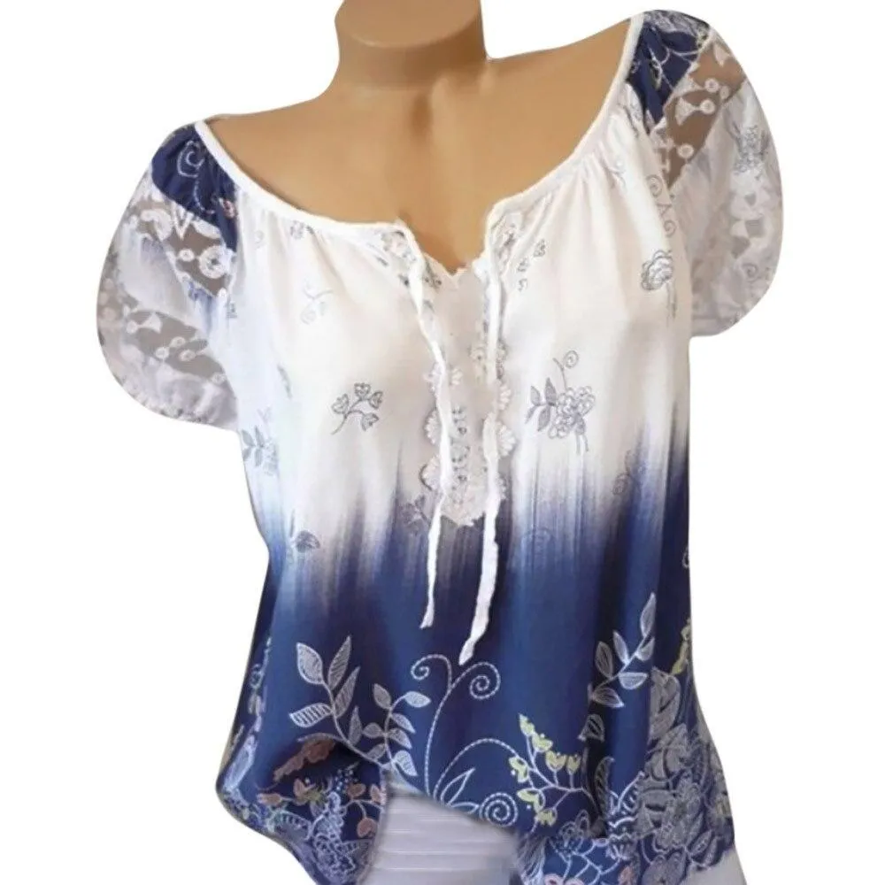 Womens Lace Blouses Summer Short Sleeve Tops Loose Shirt