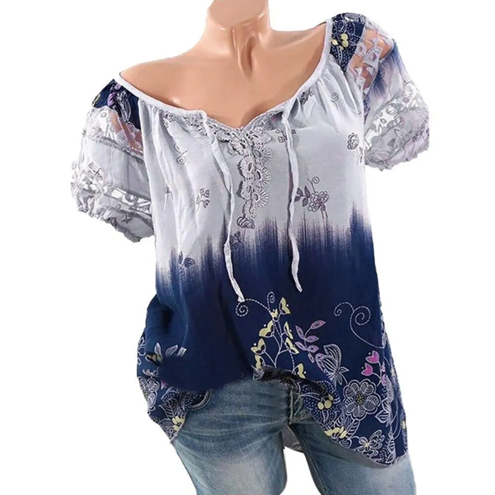 Womens Lace Blouses Summer Short Sleeve Tops Loose Shirt