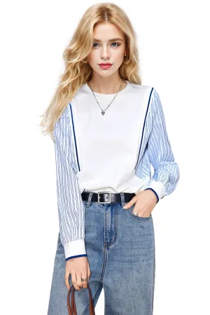 Women's Patchwork Shirt Long Sleeve Stripe Pullover Blouse Tops