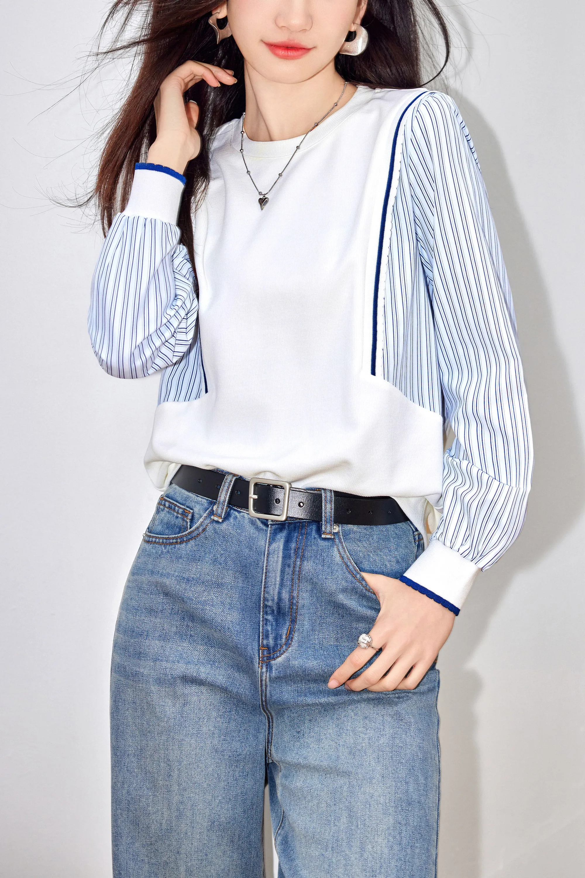 Women's Patchwork Shirt Long Sleeve Stripe Pullover Blouse Tops