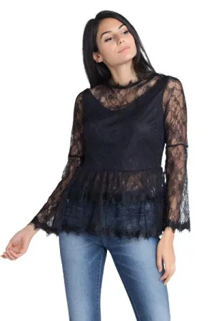 Womens Semi Lace Zipper Back Flare Sleeve Blouse